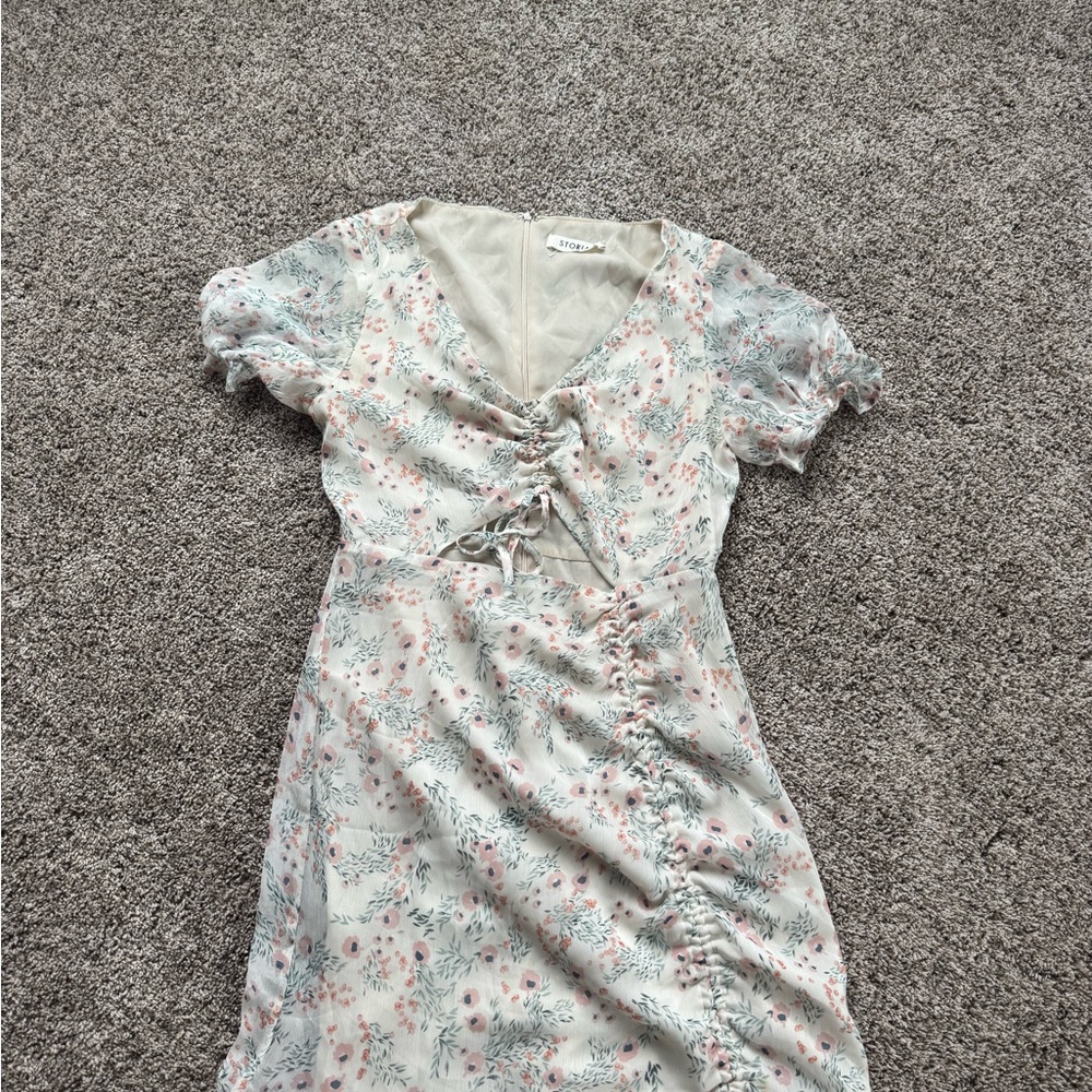 Storia Floral Lace-Up Mini Dress - Cream and Pink